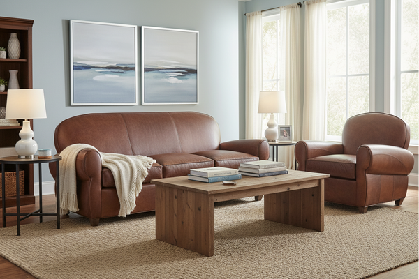 Edison Three Piece Art Deco Leather Sofa Set