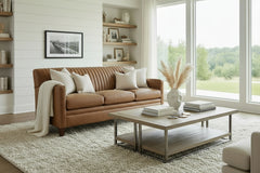 Edwin 78 Inch Transitional Three Cushion Channeled Back Leather Sofa