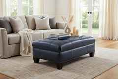 Emerson 44 Inch Long Button Tufted Leather Upholstered Coffee Table Ottoman