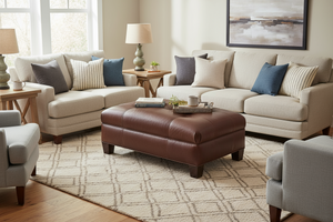 Emerson 44 Inch Long Button Tufted Leather Upholstered Coffee Table Ottoman