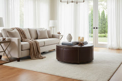 Garrett 39 Inch Round Leather Drum Ottoman With Nails