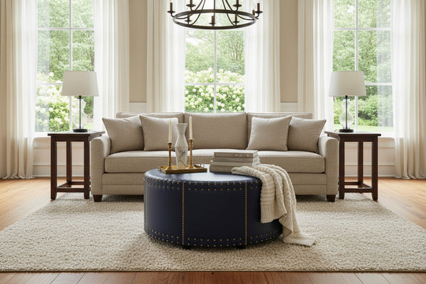 Garrett 39 Inch Round Leather Drum Ottoman With Nails