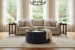 Garrett 39 Inch Round Leather Drum Ottoman With Nails