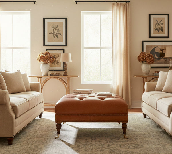 Garth 32 Inch Square Deep Button Tufted Ottoman With Nailhead Trim