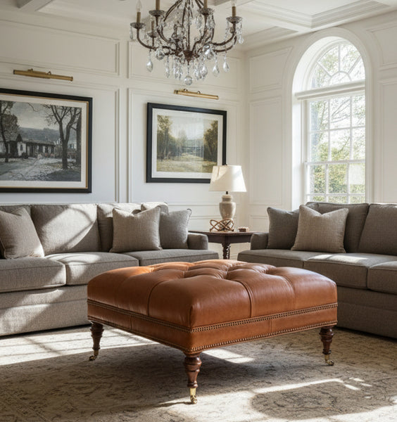 Garth 32 Inch Square Deep Button Tufted Ottoman With Nailhead Trim