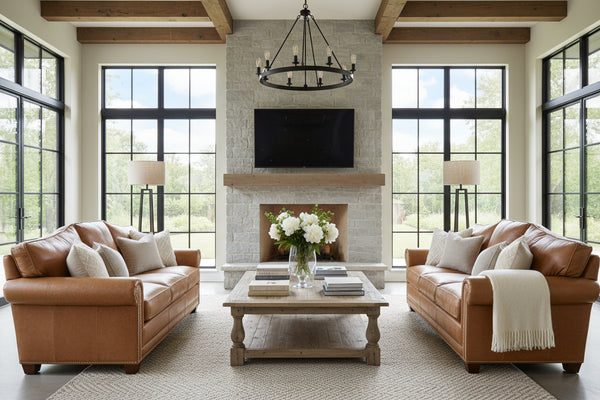 Harmon 84 Inch Arched Back 8-Way Hand Tied Leather Sofa w/ Nailhead Trim