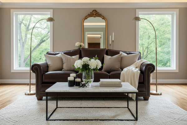 Harmon XL 90 Inch Arched Back 8-Way Hand Tied Leather Grand Scale Sofa w/ Nailhead Trim