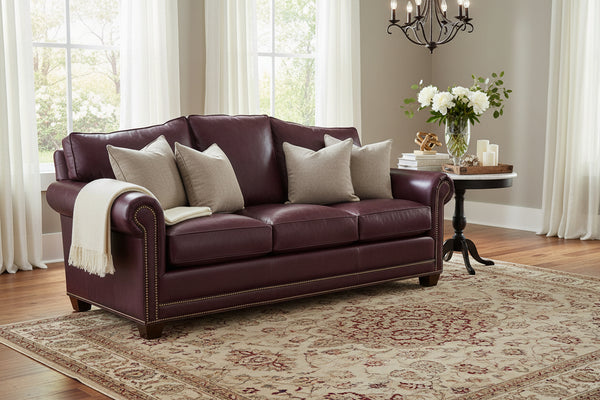 Harmon 84 Inch Arched Back 8-Way Hand Tied Leather Sofa w/ Nailhead Trim