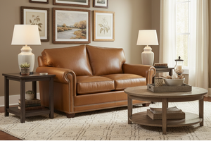 Harmon Arched Back 8-Way Hand Tied Leather Loveseat w/ Nailhead Trim