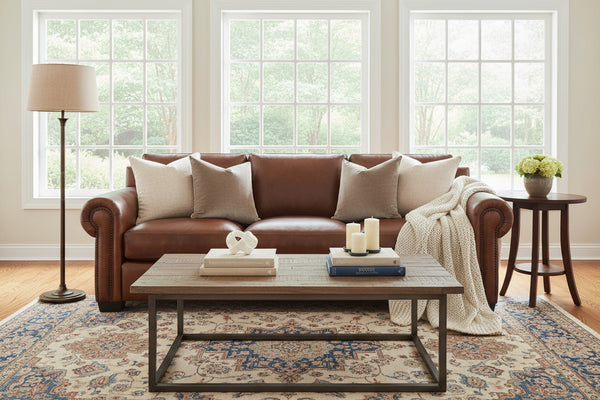 Huntington 96 Inch Traditional Leather Roll Arm Sofa With Nailheads