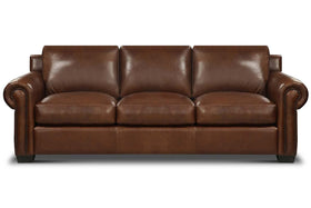 Huntington 96 Inch Traditional Leather Roll Arm Sofa With Nailheads