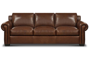 Huntington 96 Inch Traditional Leather Roll Arm Sofa With Nailheads