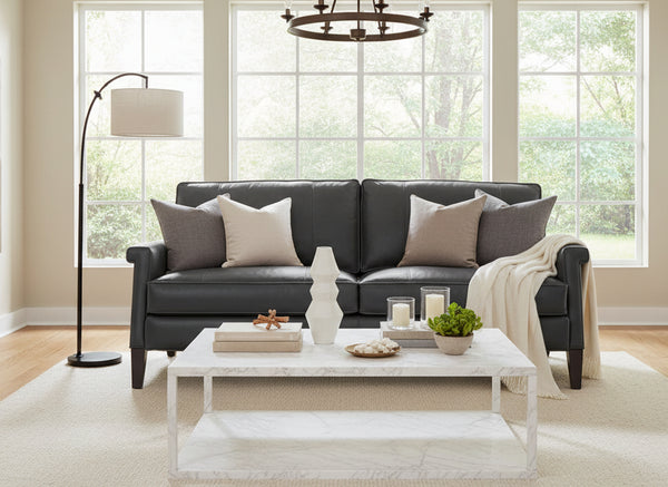Kane 80 Inch Mid-Century Modern Pillow Back Leather Sofa