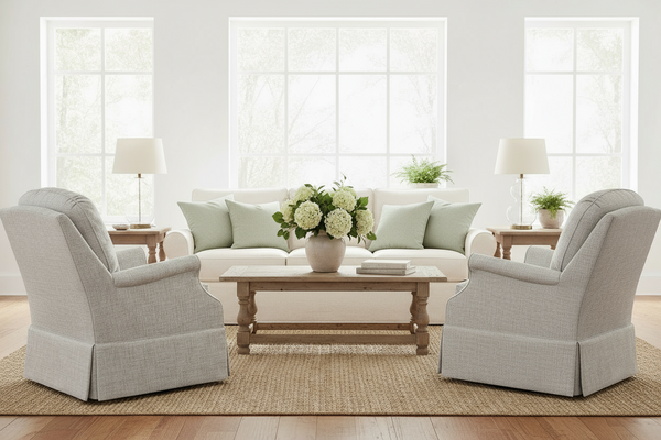 Kimberly 8-Way Hand Tied Traditional Fabric Attached Pillow Back SWIVEL/GLIDER Accent Chair With Skirt