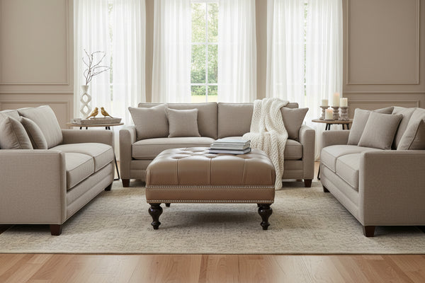 Kline 33 Inch Square Button Tufted Ottoman With Turned Legs