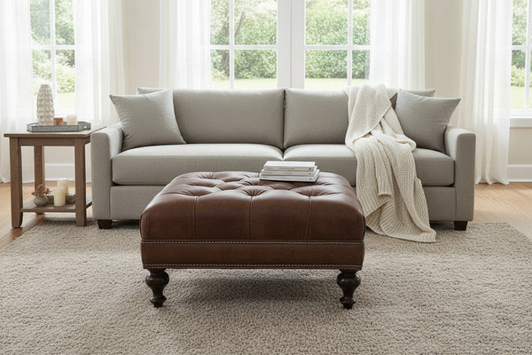 Kline 33 Inch Square Button Tufted Ottoman With Turned Legs