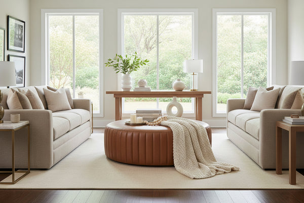 Lawson 36", 40", 44", Or 48" Inch Round Leather Ribbed Ottoman (4 Sizes Available)
