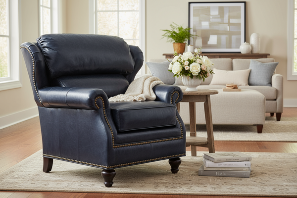 James Leather Wing Bustle Back Accent Arm Chair