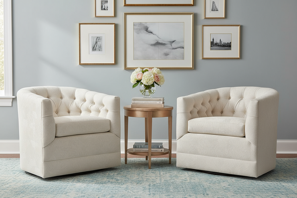 Lucia 8-Way Hand Tied Fabric 360 SWIVEL/GLIDER Tufted Barrel Accent Chair