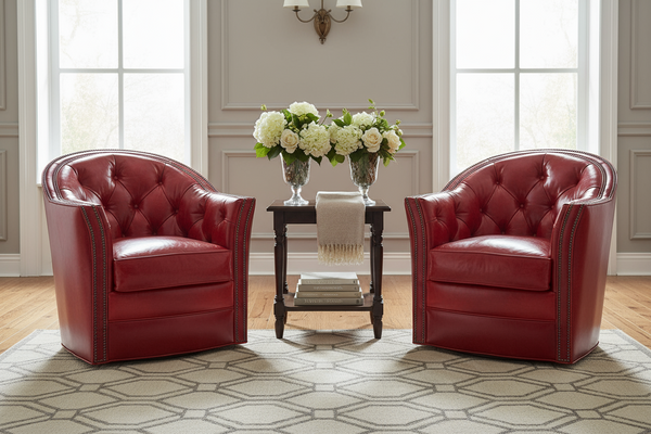 Lucille Leather Tufted Swivel Barrel Accent Chair