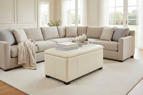 Lyle 40 Inch Long Leather Upholstered Patchwork Chest Ottoman With STORAGE