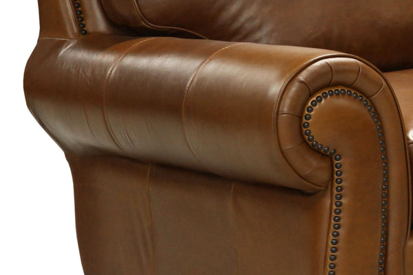 Milo 90 Inch Traditional Leather Roll Arm Sofa With Nailheads