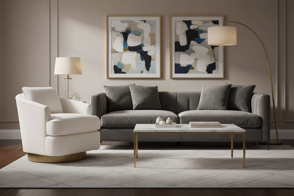 Misty Fabric Swivel Chair With Aged Brass Metal Base