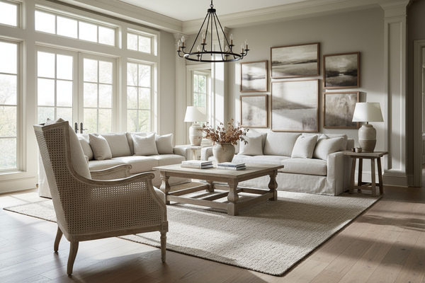 Newberry White Wash "Quick Ship" Natural Fabric Accent Chair With Decorative Cane / Wood Base