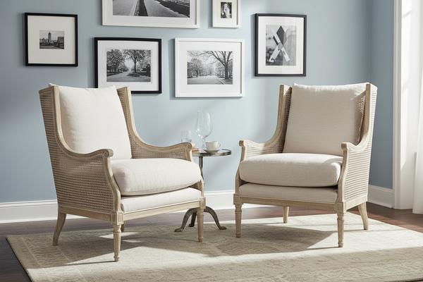 Newberry White Wash "Quick Ship" Natural Fabric Accent Chair With Decorative Cane / Wood Base