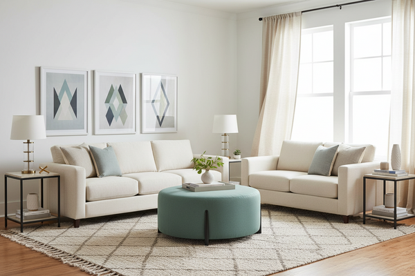 Octavia 43 Inch Eclectic Round Fabric Upholstered Coffee Table Ottoman