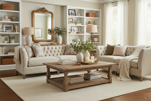 Opal Traditional 86 Inch 8-Way Hand Tied Tufted Fabric Shelter Arm Sofa