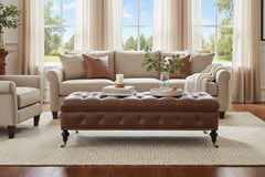 Belport 67 Inch Long Deep Button Tufted Leather Coffee Table Bench