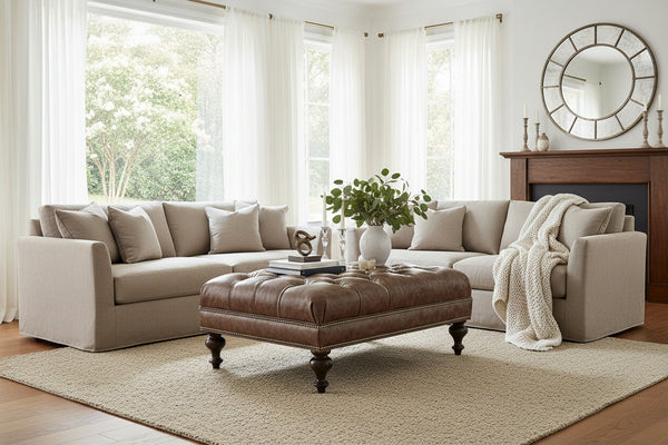 Penn 42 Inch Rectangular Button Tufted Ottoman With Turned Legs