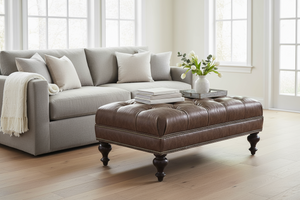 Penn 42 Inch Rectangular Button Tufted Ottoman With Turned Legs