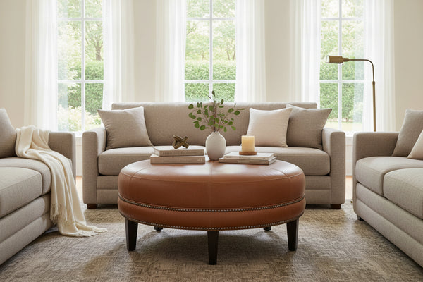 Peterson 36", 42" Or 46" Inch Round Leather Ottoman (3 Sizes Available)