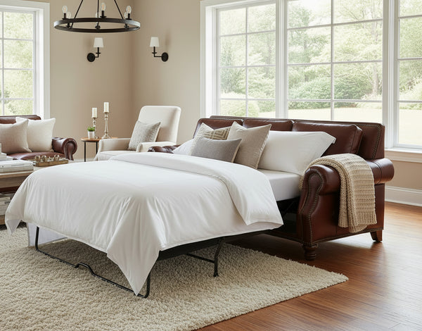 Richardson 92 Inch Grand-Scale Leather Pillow Back Sleeper Sofa Queen Size