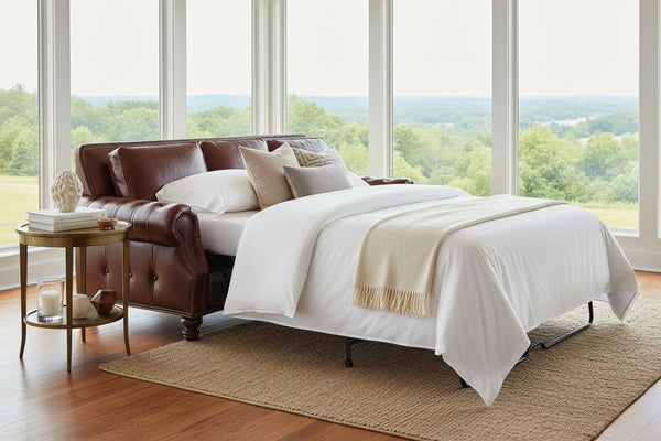 Richardson 92 Inch Grand-Scale Leather Pillow Back Sleeper Sofa Queen Size
