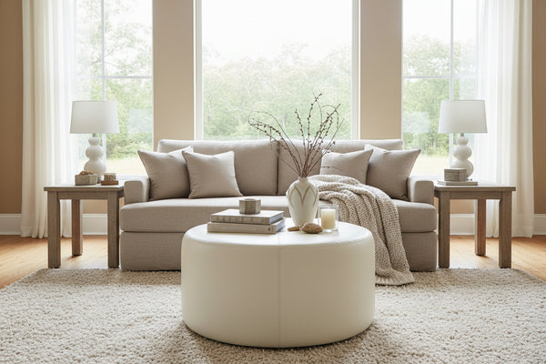 Richter 35 Inch Round Drum Leather Upholstered Cocktail Ottoman