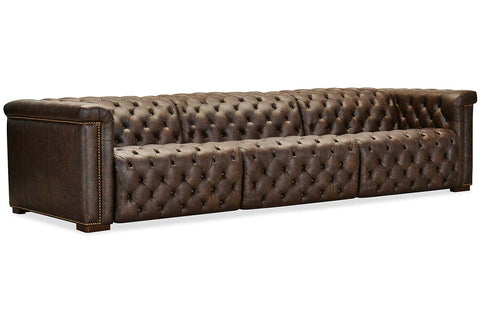 Savion Saddlewood Chesterfield 126 Inch "Quick Ship" Wall Hugger Power Leather Reclining Sofa