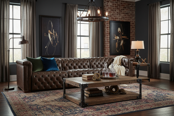 Savion Saddlewood Chesterfield 126 Inch "Quick Ship" Wall Hugger Power Leather Reclining Sofa