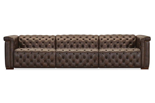 Savion Saddlewood Chesterfield 126 Inch "Quick Ship" Wall Hugger Power Leather Reclining Sofa