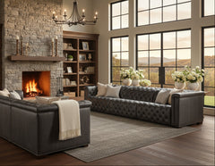 Savion Gravel Chesterfield 124 Inch "Quick Ship" Wall Hugger Power Leather Reclining Sofa