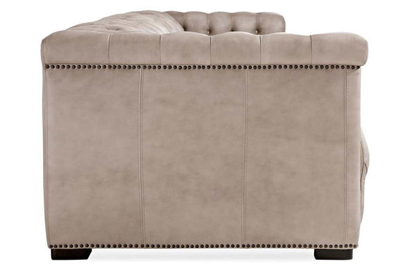 Savion Taupe Chesterfield 124 Inch "Quick Ship" Wall Hugger Power Leather Reclining Sofa