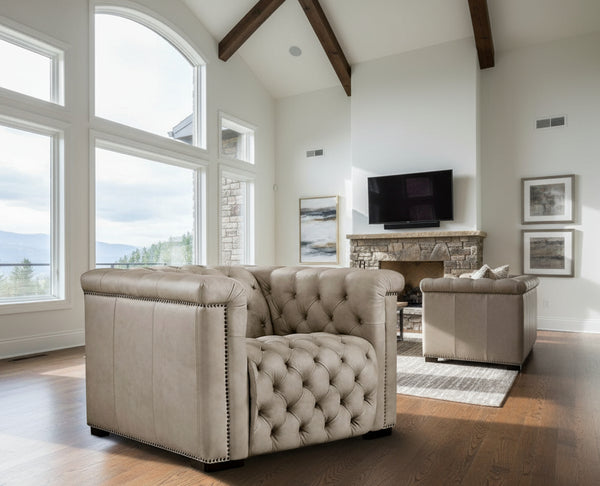 Savion Taupe Leather "Quick Ship" Chesterfield Recliner