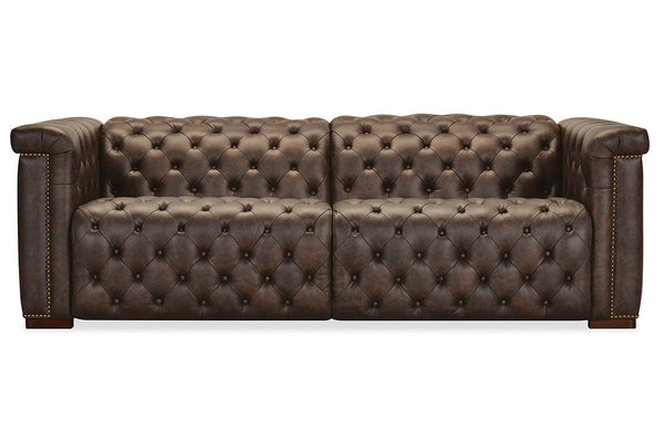 Savion Saddlewood Chesterfield 89 Inch "Quick Ship" Wall Hugger Power Leather Reclining Sofa