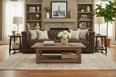 Savion Saddlewood Chesterfield 89 Inch "Quick Ship" Wall Hugger Power Leather Reclining Sofa