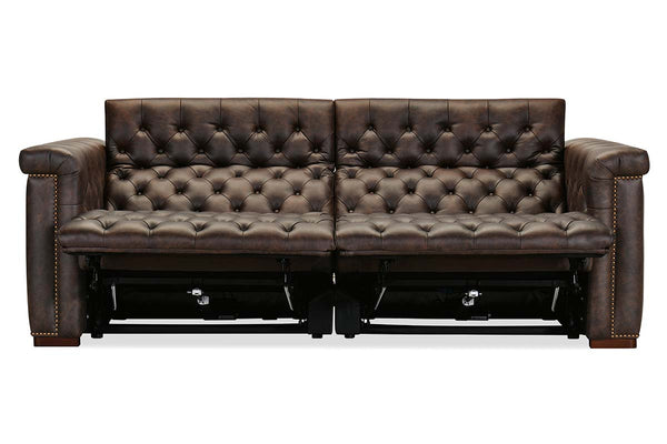 Savion Saddlewood Chesterfield 89 Inch "Quick Ship" Wall Hugger Power Leather Reclining Sofa