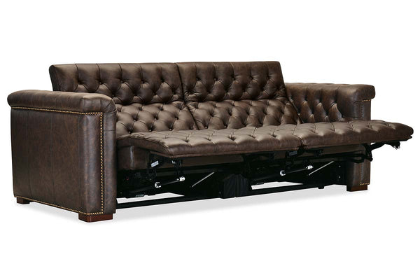 Savion Saddlewood Chesterfield 89 Inch "Quick Ship" Wall Hugger Power Leather Reclining Sofa