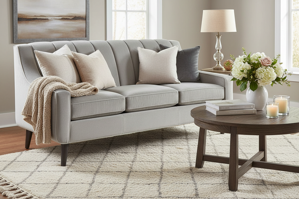 Serafina Modern 72 Inch 8-Way Hand Tied Three Seat Fabric Studio Sofa With Vertically Ribbed Back