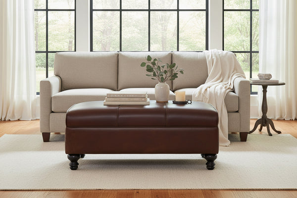 Sinclair 44 Inch Long Leather Upholstered Coffee Table Ottoman With STORAGE Area